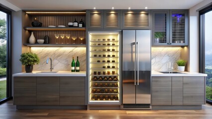 Sleek modern wine fridge integrated into a kitchen countertop with glass shelves and LED lighting, minimalist decor, contemporary design