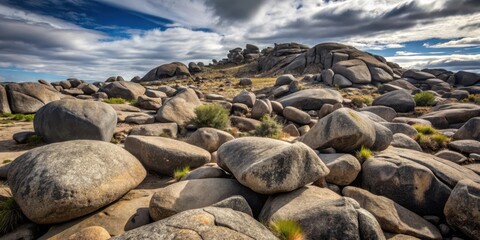 Obraz premium Dark grey granite boulders scattered on a barren, rocky landscape