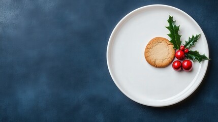 Plain White Ceramic Plate with Single Cookie and Christmas Holly Decoration for Festive Styling