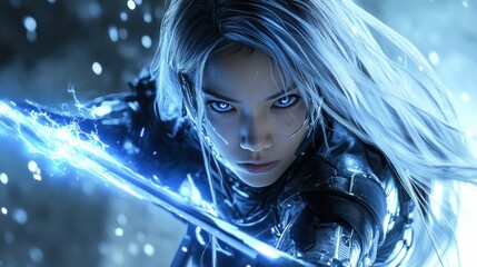 Futuristic warrior wielding energy sword in battle scene