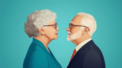 Heartwarming Moment of an Elderly Couple Sharing a Tender Gaze Against a Soft Blue Background