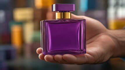 Elegant presentation of a luxurious purple perfume bottle in the palm of a hand