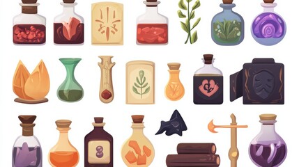 Isolated Flat Icons of Potion Equipment and Quest Items on White Background
