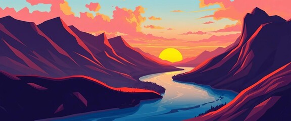 Abstract sunrise landscape with stylized mountains and river Vector illustration,  travel,  vector