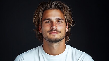 there is a man with long hair and a white t - shirt posing for a picture