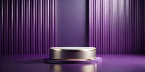 Luxury product presentation on a rich purple background with a sleek cylinder podium as centerpiece, surrounded by modern minimal decor, mockup display, luxury goods