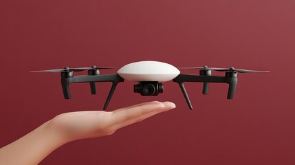 Futuristic drone hovering over human hand against deep burgundy backdrop