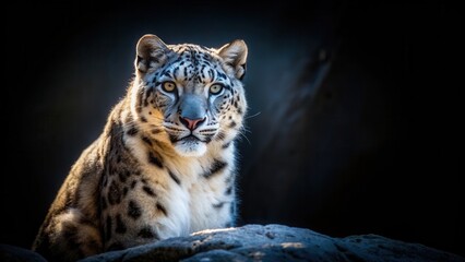 Naklejka premium Snow leopard camouflaged in dark mountain shadows, camouflage, wildlife, camouflage, wildlife