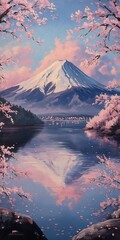 Mt Fuji with Cherry Blossoms, and Lake.