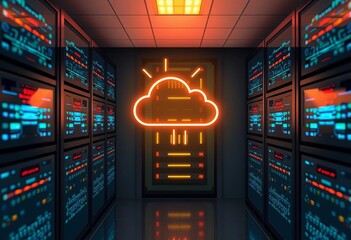 Abstract server room icon with cloud computing elements, data processing, and network connections,  global,  computer