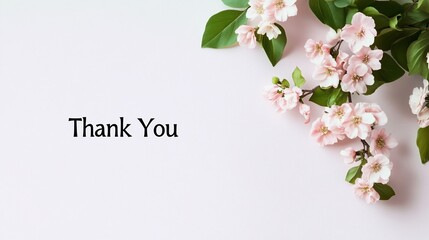 Obraz premium Pastel thank you card with pink flowers and green leaves, white text