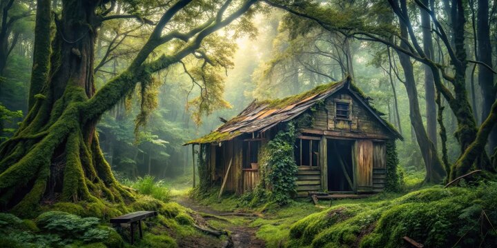 Creepy abandoned shack hidden deep in the forest with overgrown vegetation and twisted tree branches, eerie, isolated