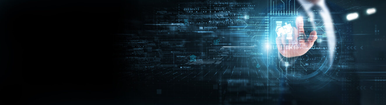 Businessman touching circuit of business integration and networking. Cross-platform system connectivity, enterprise application integration, automated workflow solutions, real-time data exchange.