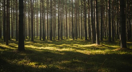 Obraz premium Walking Through Sunlit Forest with Tall Trees and Lush Grass