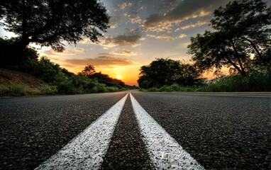 Sunset Over Empty Road With White Lines