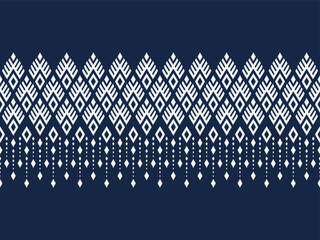 White diamond shaped ikat seamless border pattern on navy blue for decorations, fabric prints, textile, wallpaper, and other prints