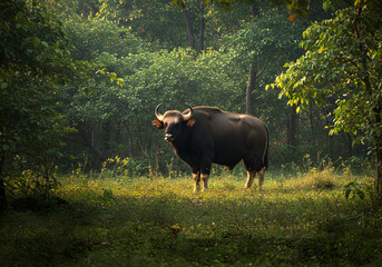 Large dark brown animal in lush forest