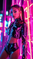 Fototapeta premium Futuristic woman in neon outfit poses against glowing lights
