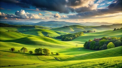 Obraz premium Serene Green Landscape with Rolling Hills Under Clear Horizon , serene landscape