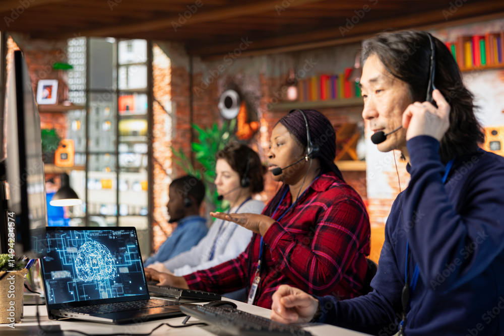 Poster team of multiethnic call center workers using ai chatbot to reply to common customer queries. multir