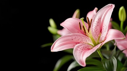 Fototapeta premium Pink lily blossoms with green buds against a black background