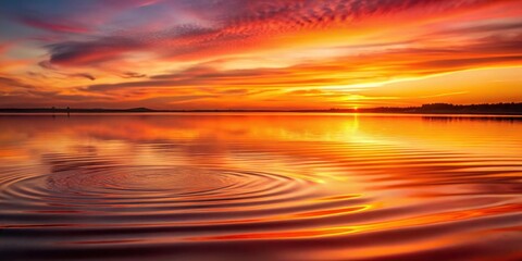 Obraz premium Softly glowing red and orange fluid waves dance on a calm lake surface at dawn, reflecting stunning golden hues and subtle ripples in the water , warm colors, serene landscape