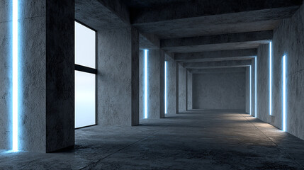 Obraz premium Futuristic Concrete Hallway with Blue Neon Lights and Dark Atmosphere Architecture Interior Design Concept