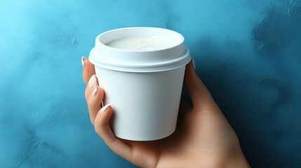 Aesthetic hand displaying a fresh yogurt in a pristine white container