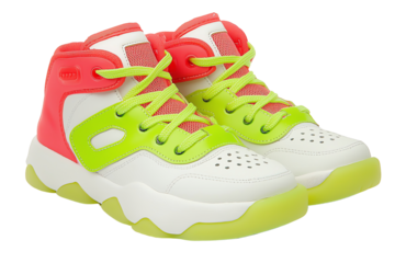 Colorful high-top sneakers with neon green and pink accents, featuring chunky soles and perforated details.