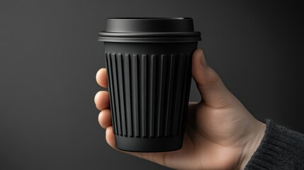 Minimalist black takeaway coffee cup in hand, dark background, high quality render
