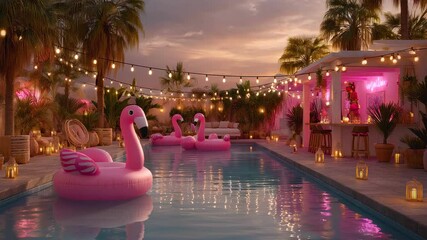 Poolside party with inflatable flamingo floats, warm string lights, tropical plants, and outdoor bar sunset creating festive tropical evening - Powered by Adobe