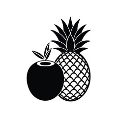 Minimalist black and white illustration featuring pineapple and decorative fruit arrangement