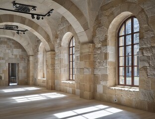 Fototapeta premium Stone Arch Interior Hallway With Sunlight