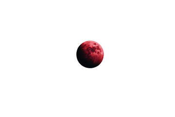 A red moon with detailed craters and surface textures.