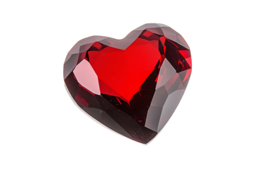 A red, heart-shaped gemstone with multiple facets and a glossy surface.