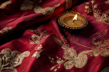 Elegant candle in ornate holder on richly embroidered red silk fabric background
