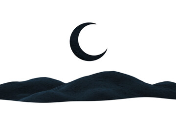 A crescent moon shines above dark rolling hills.