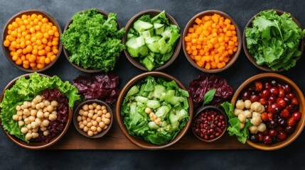 Assorted Colorful Salad Ingredients Displayed in Bowls on Dark Background