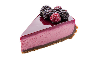 A slice of berry cheesecake topped with blackberries and a raspberry.
