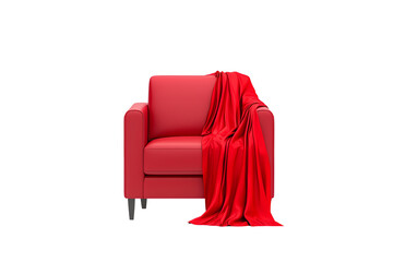 Red armchair with a draped red blanket over one armrest.