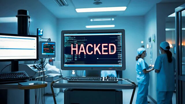 Hospital Operating Room Monitors Showing Cybersecurity Breach Warning During Medical Procedure