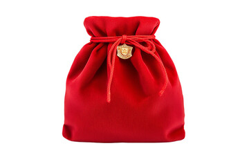 A red cloth pouch with a drawstring and decorative emblem at the center.