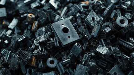 Pile of precision metal parts, industrial components in dark studio setting