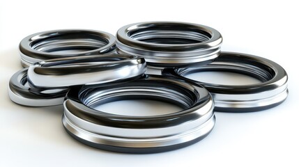 Fototapeta premium A cluster of polished chrome rings, varying in size and width, with subtle black detailing, rests on a stark white background