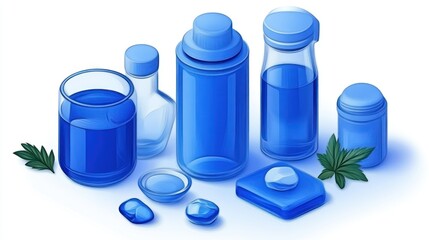 Illustrative Still Life Depicting Various Containers Filled with Cobalt Blue Liquid