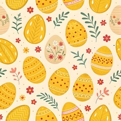 &ldquo;Seamless Easter pattern with yellow decorated eggs and pastel floral elements.&rdquo;

