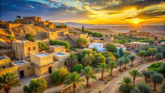Traditional Tunisian mud-brick houses in Guellala village surrounded by olive groves and citrus trees at sunset , mediterranean architecture, agriculture