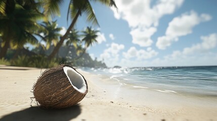 Tropical beach scene with cracked coconut.