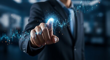 Businessman's finger touching futuristic financial chart representing business growth and success
