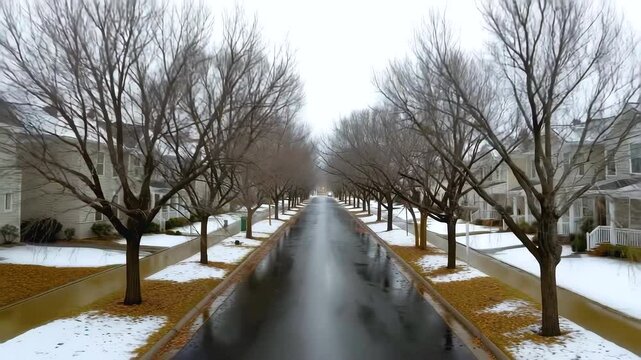 Bare tree lined suburban street with snow patches and identical houses on both sides in calm winter residential scene